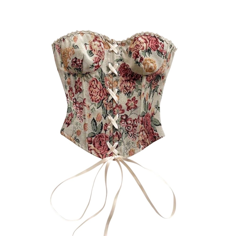 Vintage‎ Floral Tapestry Corset Top Lace Up Bustier Regencycore Strapless Large